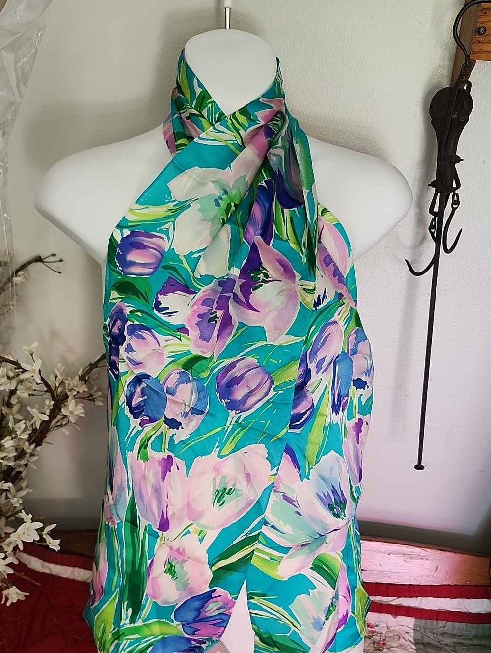 Vtg Echo Floral Silk Scarf in Turquoise, Blue & Pink Oblong Straight